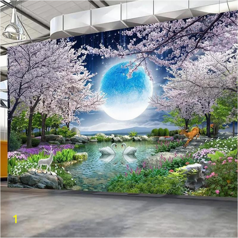 Nature Wall Mural Paintings Custom Mural Wall Paper Moon Cherry Blossom Tree Nature Landscape