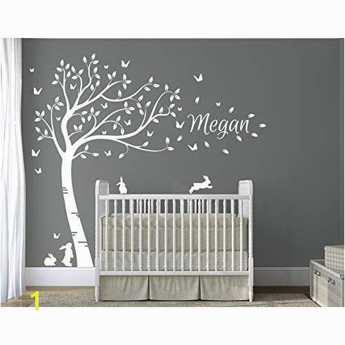 DesignDivil s Personalised Name with Full Size Beautiful White Bunny Rabbits Tree Nursery Room Wall Decal DD007