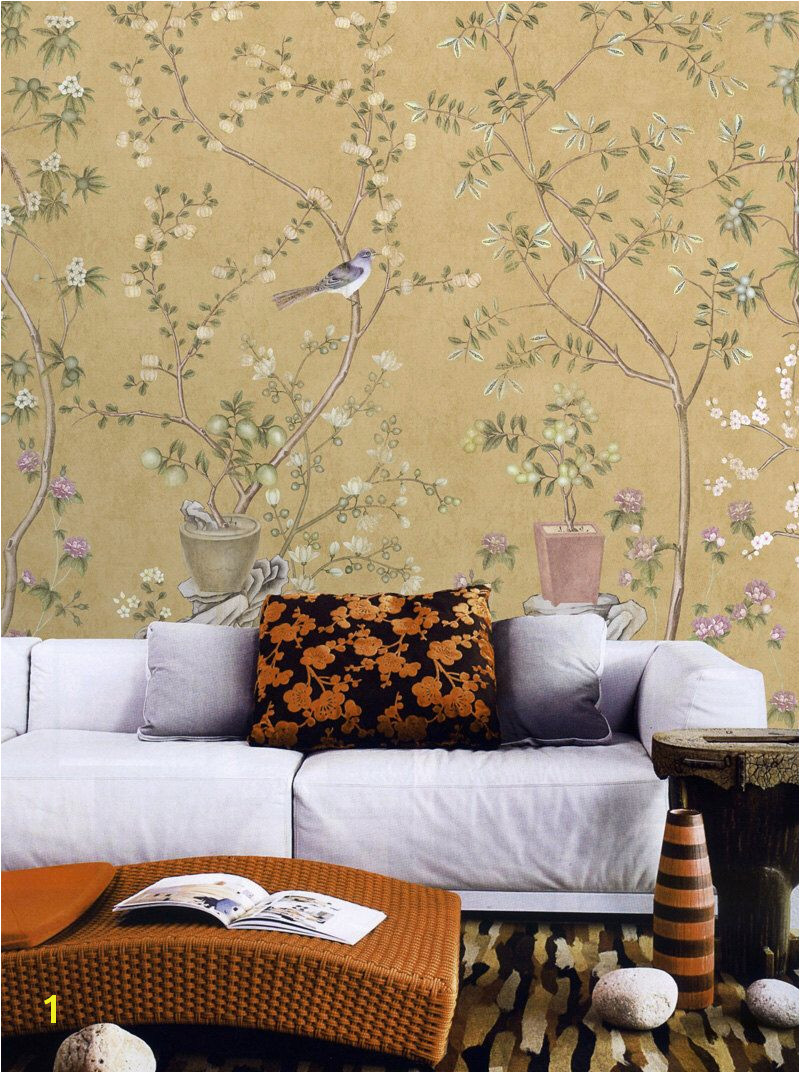 Vintage Taupe Chinoiserie Wallpaper Flower Branch Birds Peach Plum Bonsai Trees Wall Mural Retro Chinese Japanese