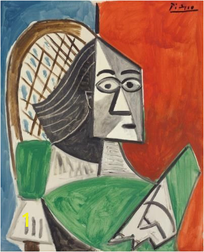 Pablo Picasso Femme assise sur fond bleu rouge 1956