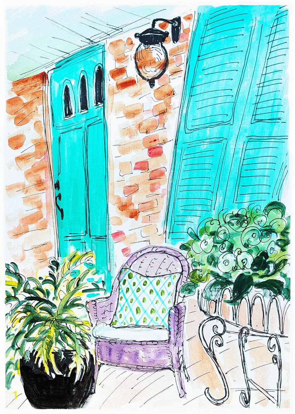 Blue Porch Painting Happy art Home sweet home Wall art chair Home art Gift for him Original acrylic art Ink drawing Plant art Wall decor