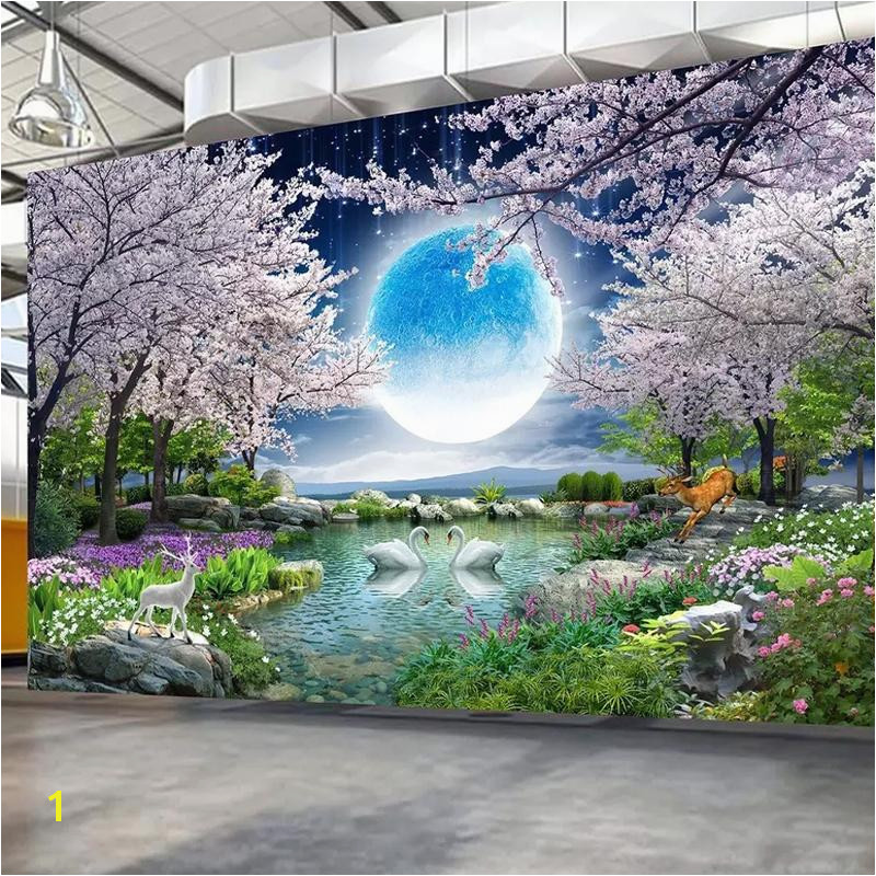 Custom Mural Wall Paper Moon Cherry Blossom Tree Nature Landscape Wall Painting Living Room Bedroom Wallpaper Home Decor Animated Wallpaper Animated