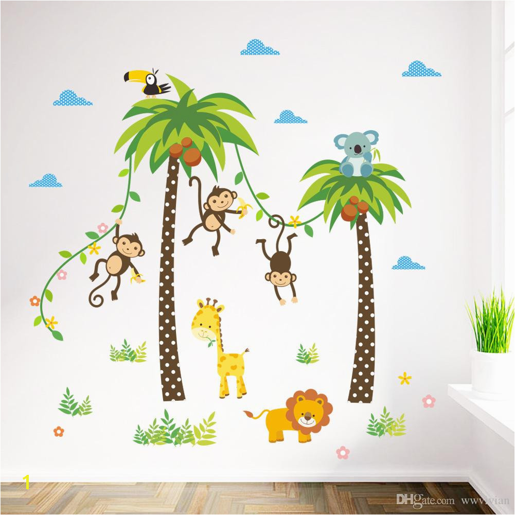 Cartoon Monkey Swing The Coconut Tree Wall Stickers For Kids Babies Room Wall Decoration Cloud Grass Bird Elephant Giraffe Wall Mural Art Stickers For