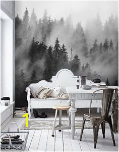 forest wall mural self adhesive wallpaper foggy hills mural black and white wallpaper temporary wallpaper tree wallpaper Peel&Stick 136
