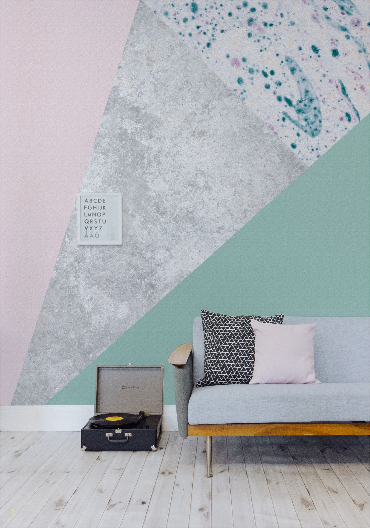 Forest green melts into pastel pink to give a stunning contrast of colours The metallic gold in this design wallpaper mural helps