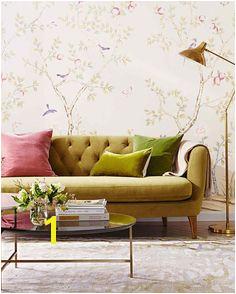 peel off wallpaper living room plush velvet sofa Chinoiserie Wallpaper Colourful Living Room Small