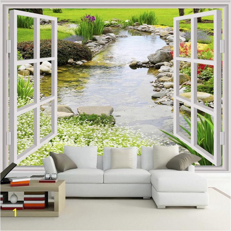 Custom Wall Mural Wallpaper Modern Simple 3D Window Garden Small River Flower Grass Fresco Living Room Bedroom Wall Paper Good Hd Wallpaper Good