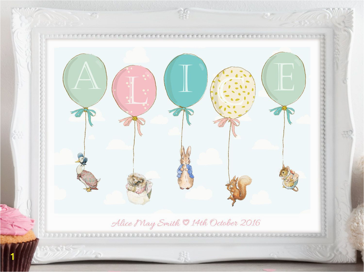 Personalised Peter Rabbit Beatrix Potter Balloon Print Picture Christening Birthday Gift Present for Baby Nursery Wall Art Unframed NurseryPrints