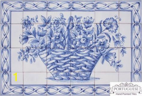 BLUE FLOWER BASKET Hand Painted Ceramic Tile Mural Backsplash Custom Painted Indoor Outdoor Tiles