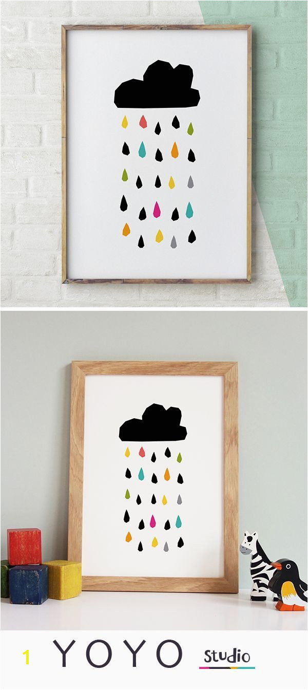 A printable artwork for nurseries Colourful raindrops falling from a black cloud Download from Etsy and print at home