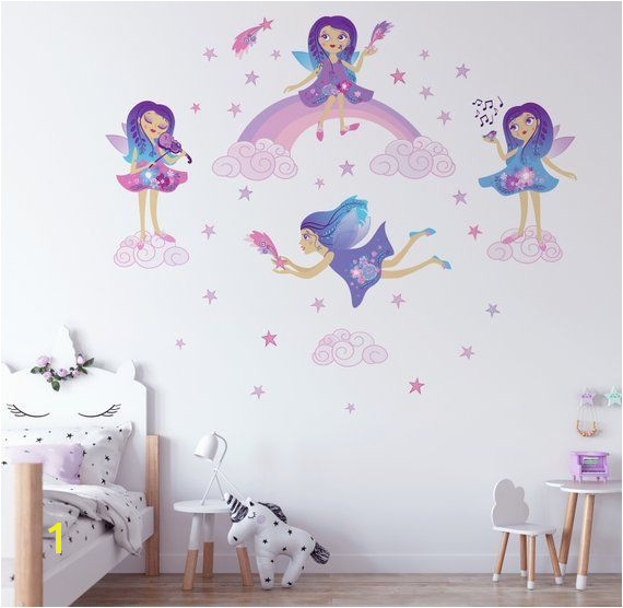 Fairies Repositionable Fabric Wall Decal for Nursery or Girl s Room Eco Friendly Sticker Rainbow and Clouds Decal Disney Fairy Decal