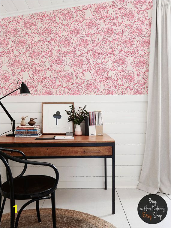 Reusable Wall Murals Pink Roses Wallpaper Sketch Doodle Style Vintage Wall Mural