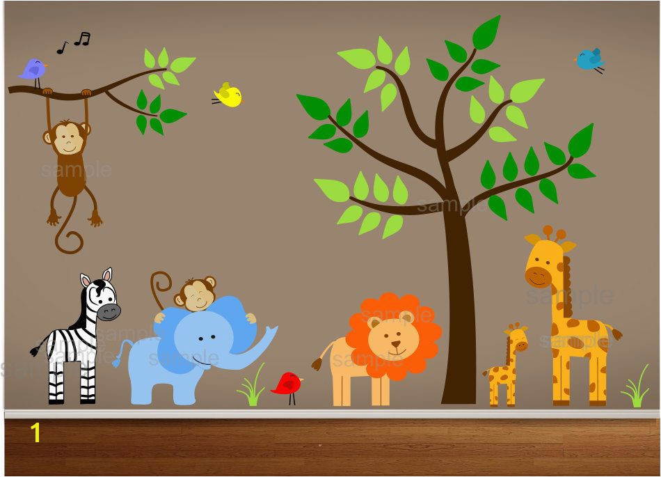 Safari Wall Murals for Nursery Jungle Wall Decals Tree Zebra Elephant Monkey by Paintlessdeco
