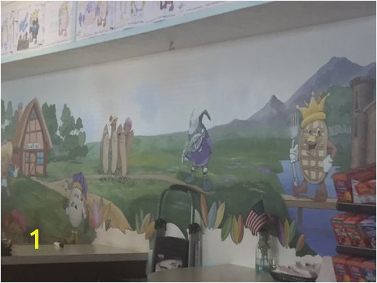 The Waffle Spot Mural with theme charactersw