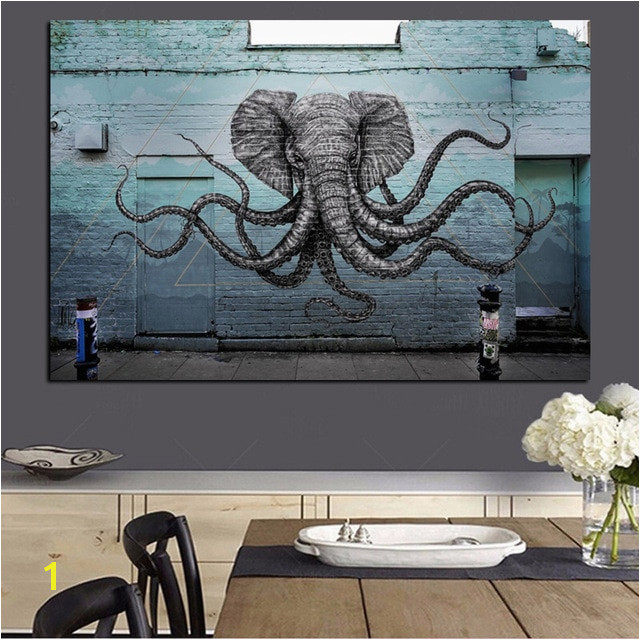 Mural of a Hybrid Elephant Octopus Creature Painting Print on Canvas Pop Art Animal Wall Picture for Living Room Cuadros Decor