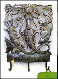 Mermaid and Fish Metal Towel Hook Bathroom Wall Hook Haitian Metal Art