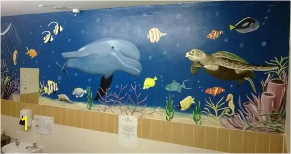 Sealife mural in nursing home bathroom