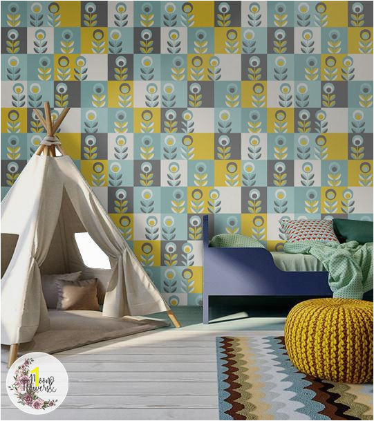 Geometric Floral wall mural Looks lovely in this kids room don t you think Simple wall decor in Scandinavian style walldecor peelandstick wallmurals