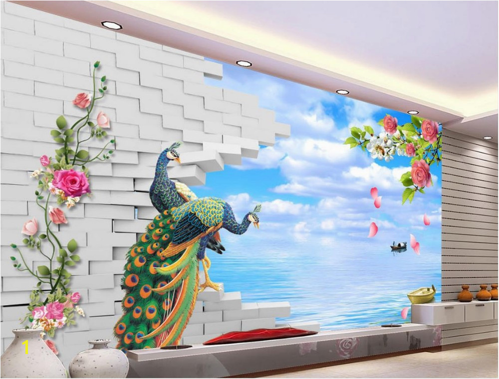 Small Size Wall Murals 3d Brick Wall Backdrop Painting Peacock Seaside Scenery Landscape