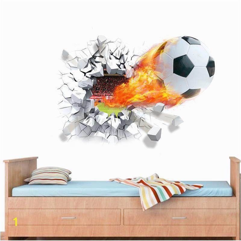 Firing Football Through Wall Stickers For Kids Room Decoration Home Decals Soccer Funs 3d Mural Art Sport Game Pvc Poster D Removable Wallpaper