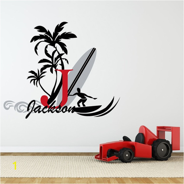 Surfboard with Name Wall Decal Baby Palm Tree Vinyl Wall Decals Boy Nursery Wall Stickers Summer