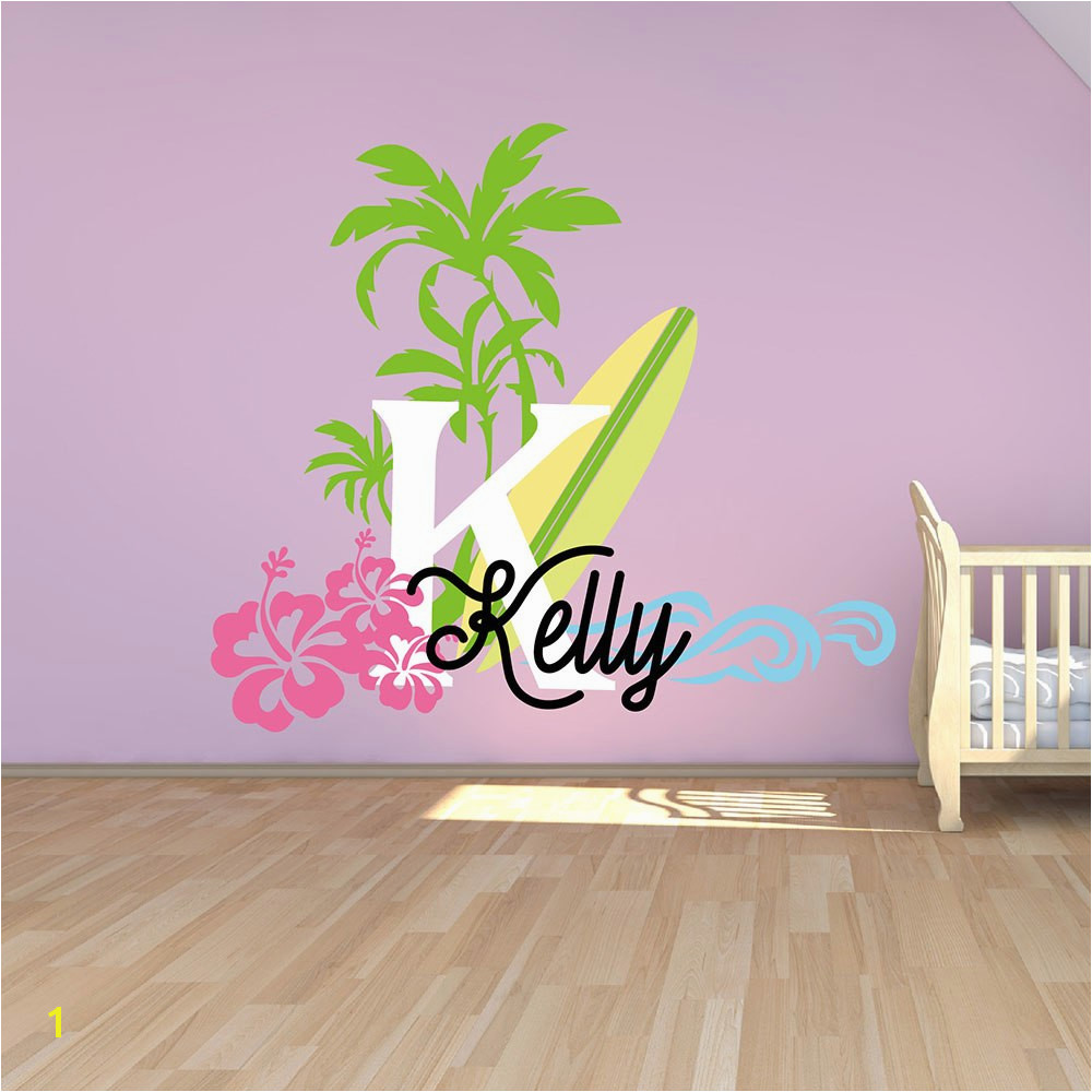 Surfboard with Name Wall Decal Baby Palm Tree Vinyl Wall Decals Nautical Nursery Wall Stickers Summer Holiday Name Stickers 623C in Wall Stickers from Home