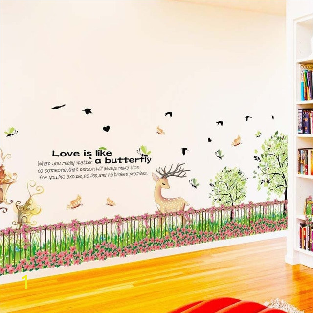 Fence Flower Grass Wall Stickers PVC Material Green grass Fawn Baseboard wall decals For Kids Room Nursery Decoration Murals