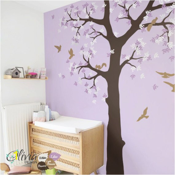 Baby nursery Tree vinyl wall decal with birds and squirrels Kids room mural sticker NT036