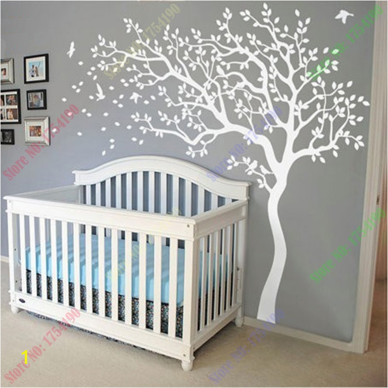 Huge White Tree Wall Decal Nursery Tree and Birds Wall Art Baby Kids Room Wall Sticker Nature Wall Decor 213X210CM