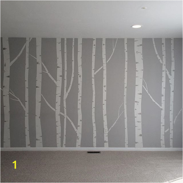 Hand painted birch tree wall mural made by taping off the trunks and branches then going back over it to brush in the details