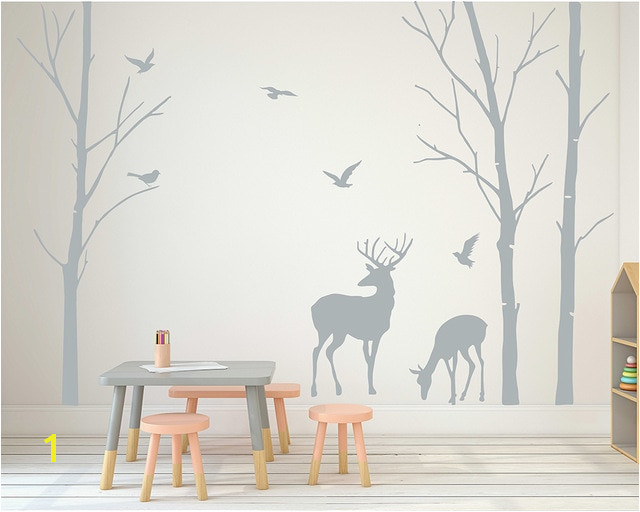 Deer Wall Decals Tree Nursery Wall Art Woodland Nursery Removable Sticker Birch Tree Wall Sticker Birds