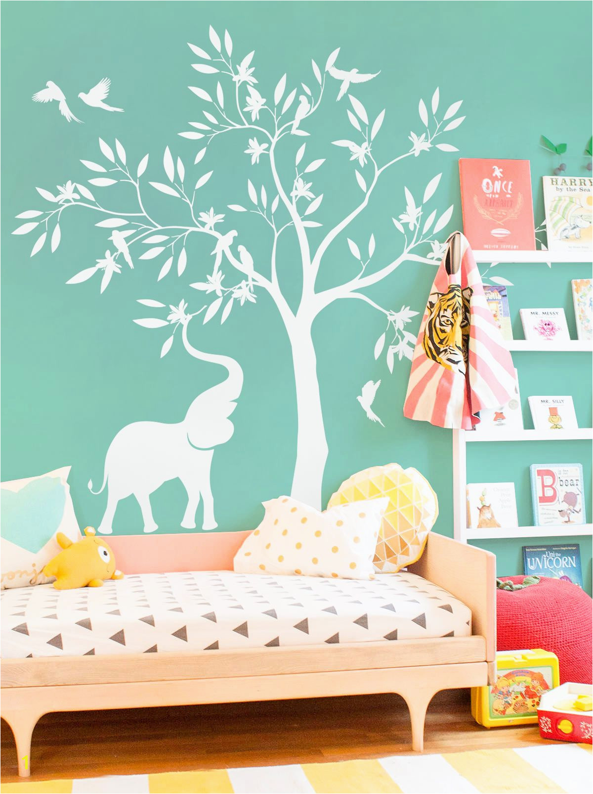 Elegant white tree wall decal White elephant elephant birds tree white tree fancy DIY room art nursery babyshower