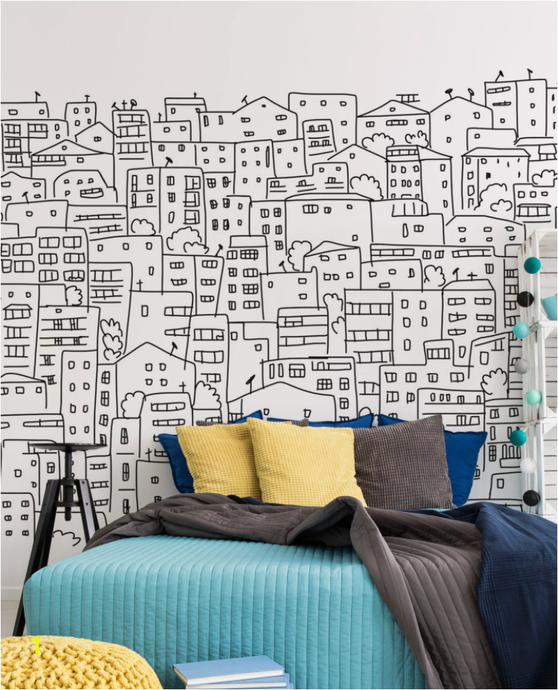 Black and White City Sketch Wall Mural Urban Eazywallz