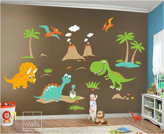 Children Wall Decals Dino Land Dinosaurs Wall decal Wall Sticker HUGE Set Nursery Kids Playroom Vinyl Wall Decal Sticker Baby Room Art