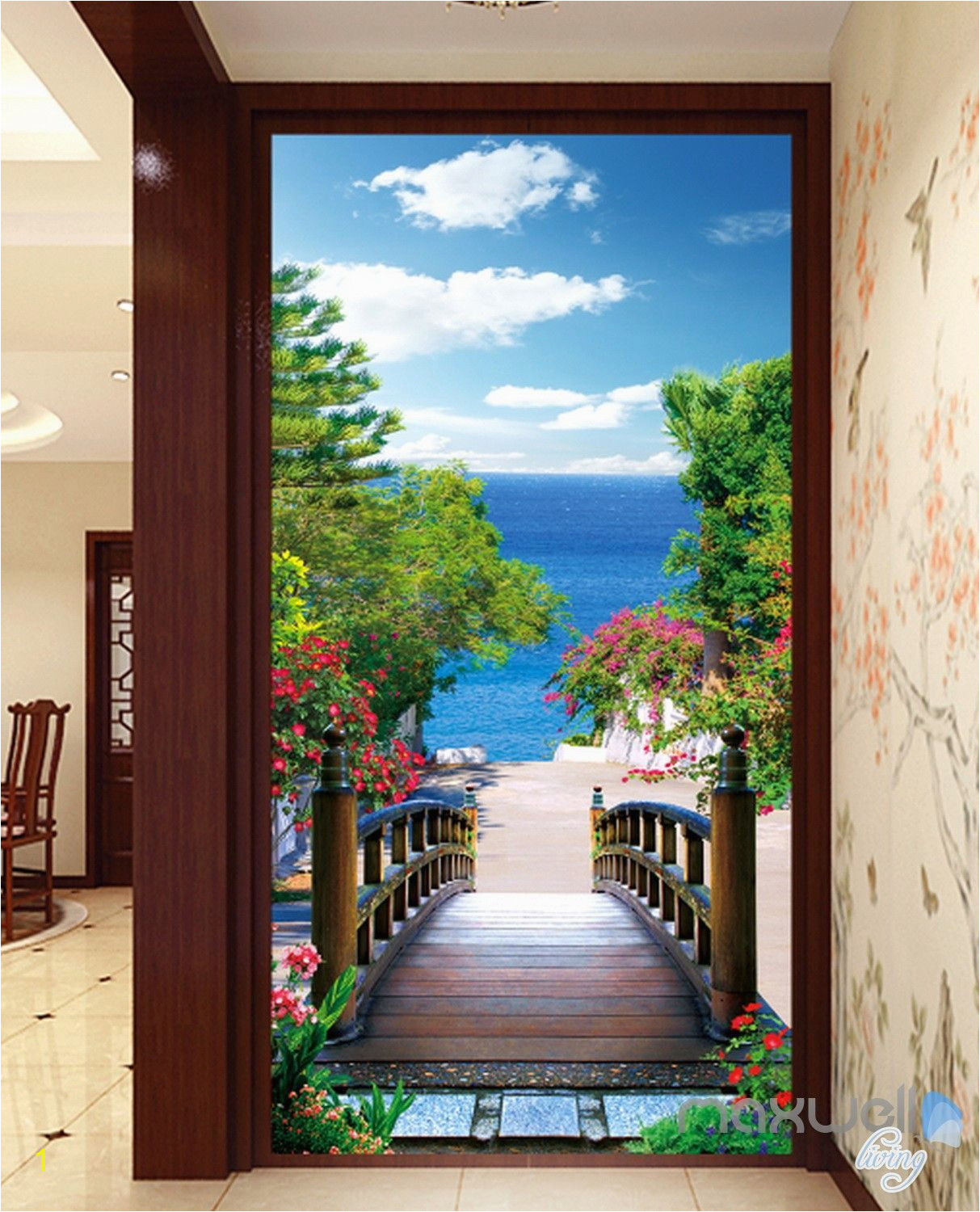 3D Bridge Beach Tree Corridor Entrance Wall Mural Decals Art Print Wallpaper 066