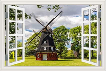 GreatHomeArt Modern Window Scenes Windmill 3D Wall Stickers for Living Room Wall Decor Art Peel and
