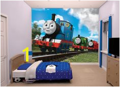 Thomas the tank engine is a timeless character for a wallpaper mural in a boys room