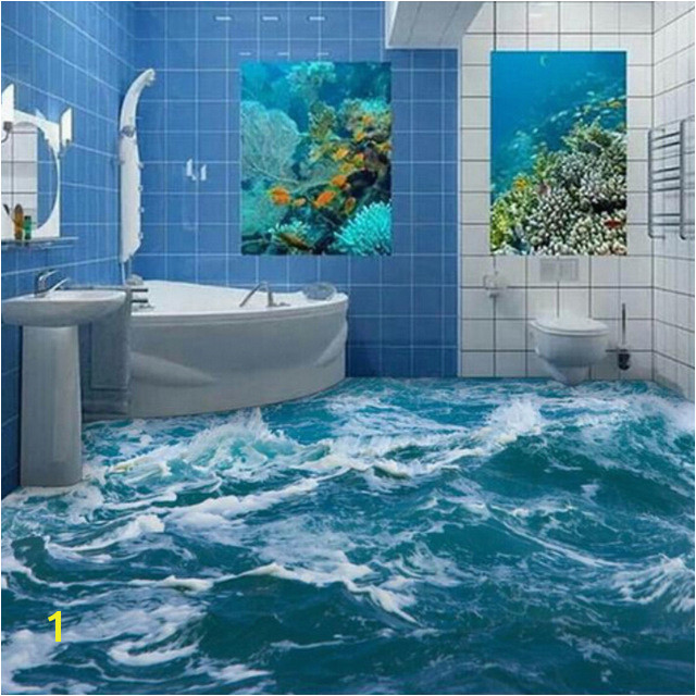 Custom 3D Floor Mural Wallpaper Sea Water Wave Bathroom 3D Floor Mural PVC Waterproof Self