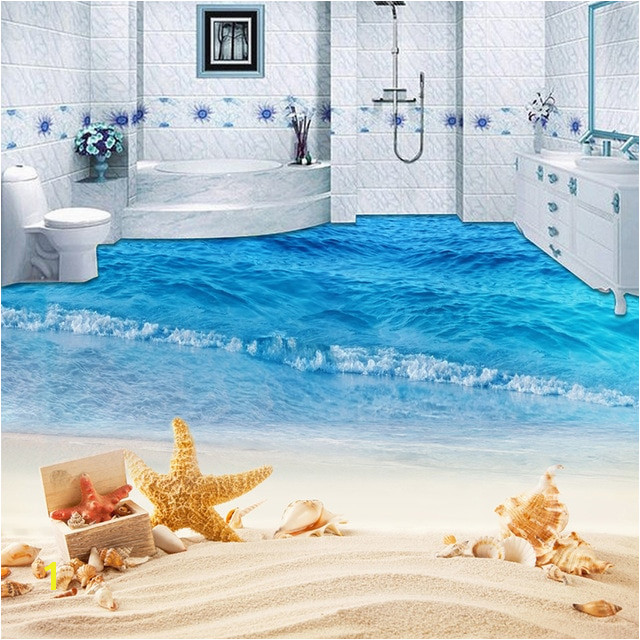 Custom Mural Wallpaper 3D Beach Sea Wave Painting Sticker Bathroom Kids Bedroom PVC Waterproof Wear Non Slip Floor Murals