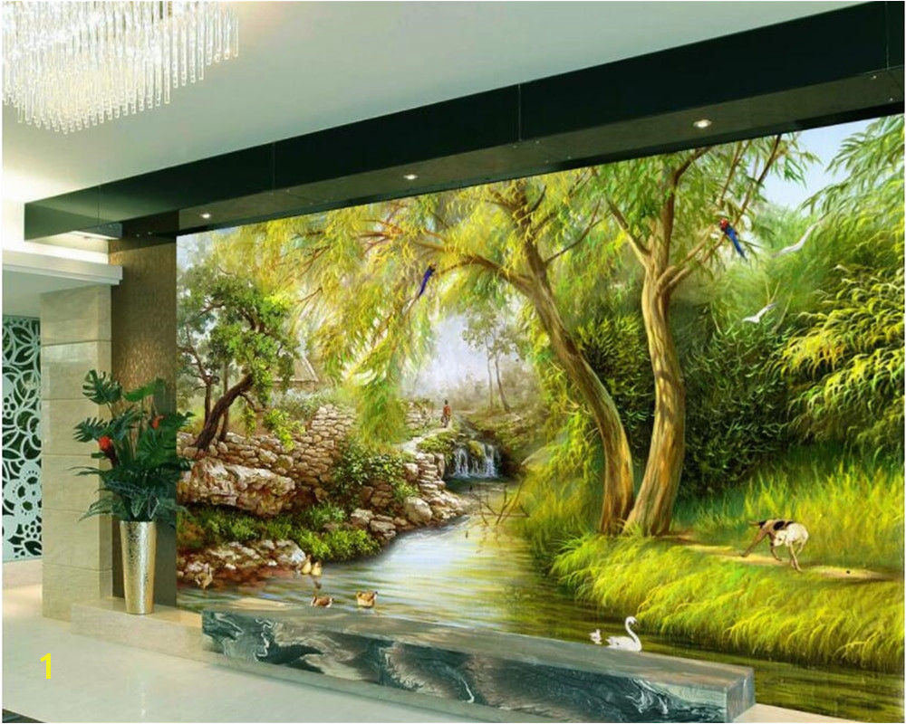 beibehang wallpaper riverside weeping willow Landscape hand drawn painting Wall Sticker Home decoration 3d wallpaper mural in Wallpapers from Home