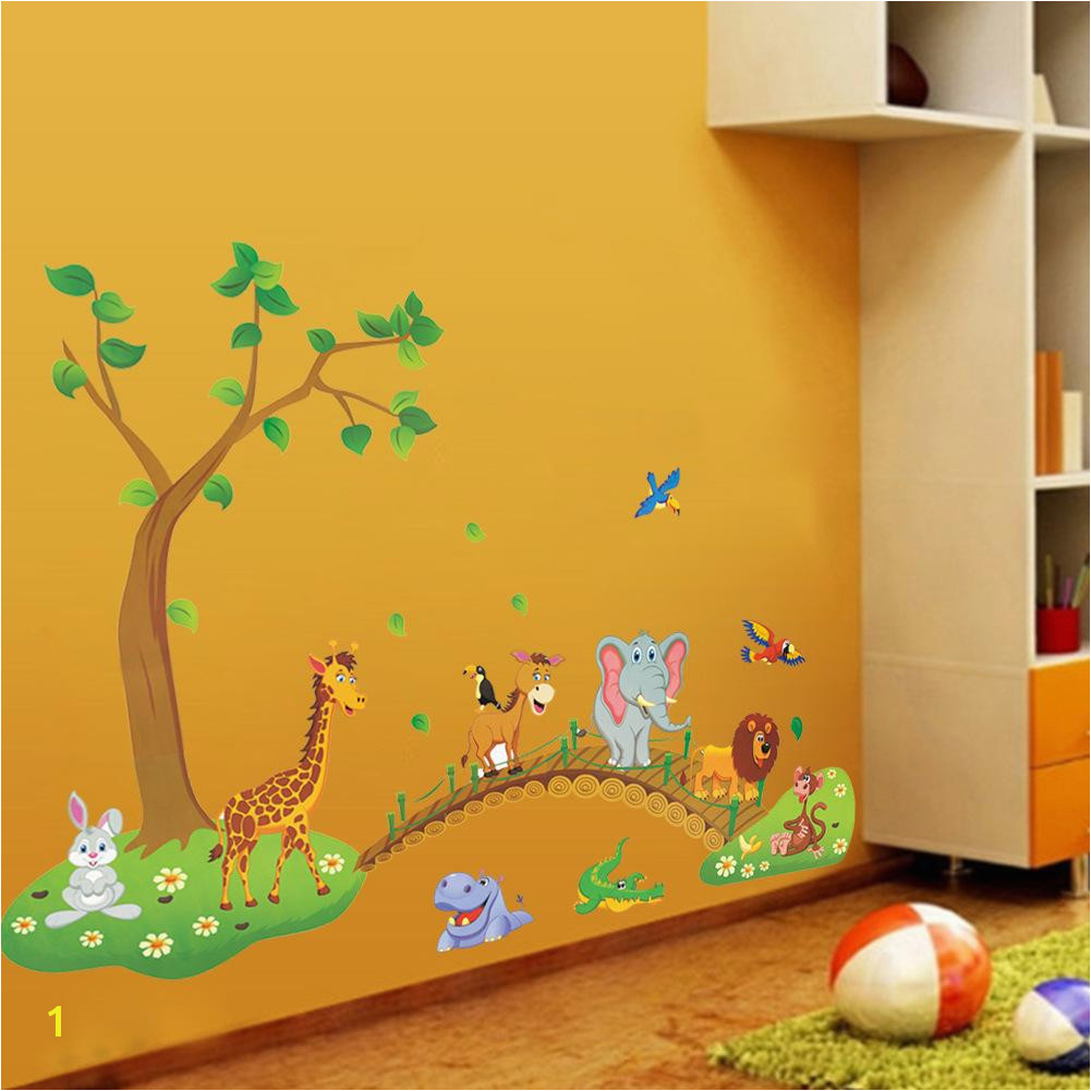 Großhandel 3D Cartoon Dschungel Wilde Tier Baum Brücke Blumen Wandaufkleber Für Kinderzimmer Wohnzimmer Lion Giraffe Elefanten Vögel Wohnkultur Von