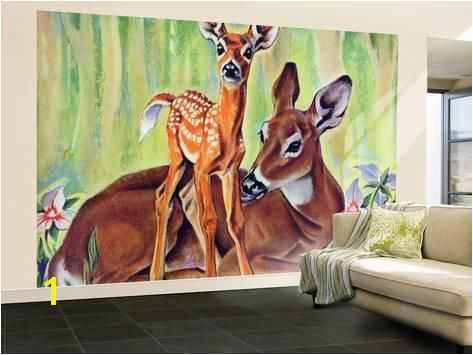 Wall Mural "Doe and Fawn in Forest " June 1 Wall Decal by Paul Bransom 144x96in