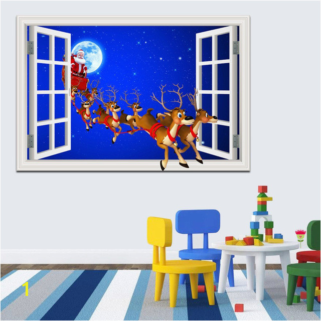 Cartoon Merry Christmas Sticker Window Scenery 3d Wallpaper Wall Decal Home Decor Living Room Murals Art Santa Claus Reindeer