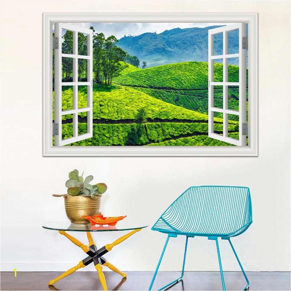 3d Window Decal Wall Sticker Green Tea Garden Beautiful Landscape Wallpapers PVC Vinyl Sticker Mural Art Home Decor White Vinyl Wall Decals White Wall