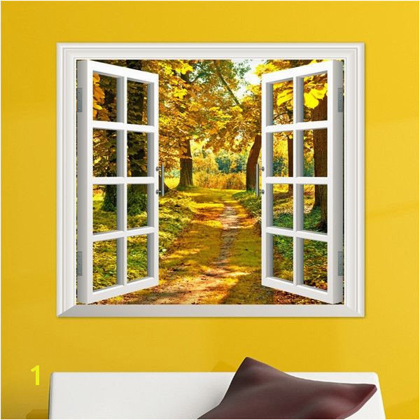 Window Murals for Home 3d Window View Yellow Wood 3d Wall Decals Autumn View Stickers Home