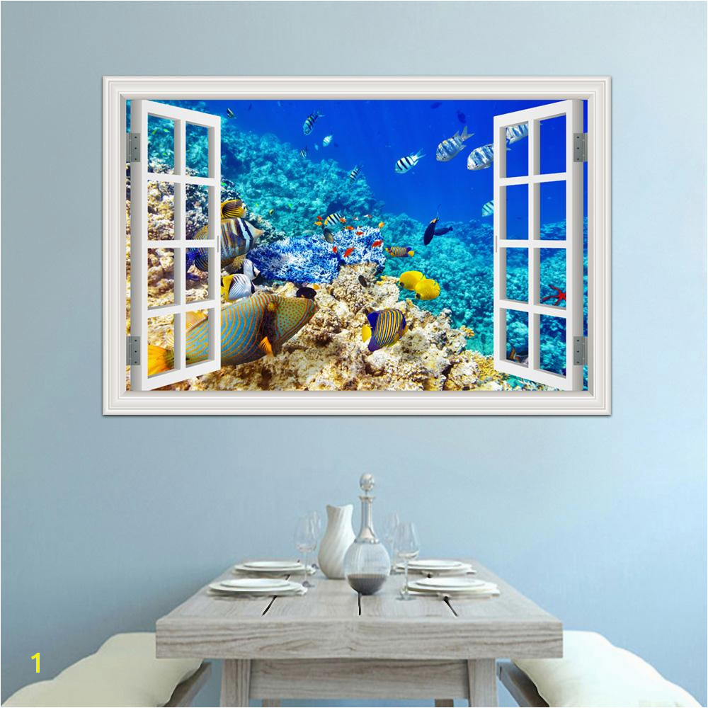 3d Window View Underwater World And Fish Wall Stickers Decals PVC Mural Wallpapers For Living Room Wall Art Decal Decoration Wall Decals Stickers Wall