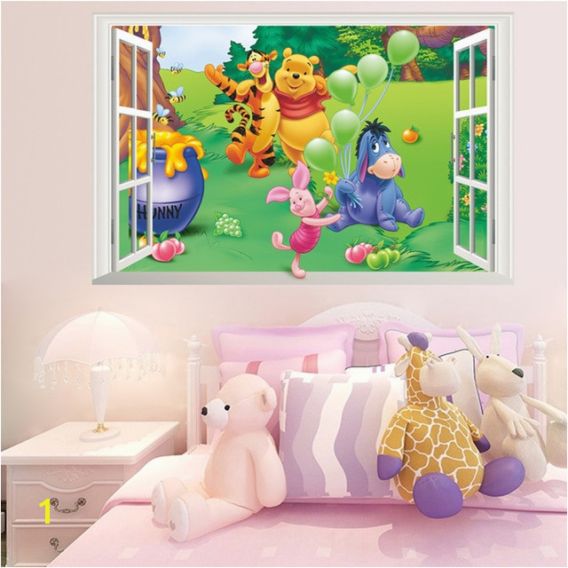 Cartoon 3D Window Winnie Pooh Bear Tiger Pig Wall Stickers For Kids Room Baby Nursery Home