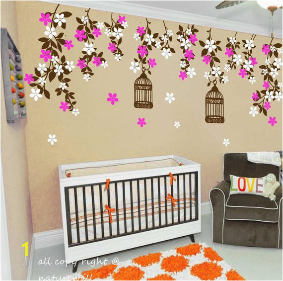 Baby Girl Wall Murals Floral Wall Decals Cherry Blossom Tree Decals Kids Wall Decals Baby Nursery Decals Pink White Girl Wall Art Cherry Blossom Vines