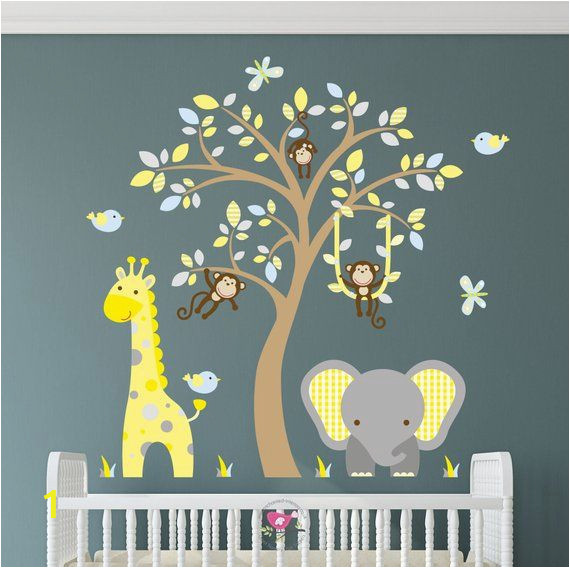 Baby Jungle Safari Wall Mural Jungle Decal Boys Safari Wall Stickers Yellow Blue and