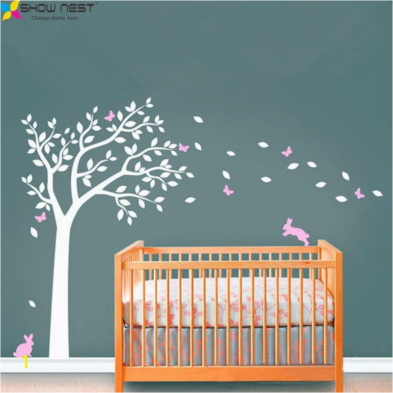 Baby Murals for Walls Huge White Tree Decal with Cute Rabbit and butterflies Vinyl